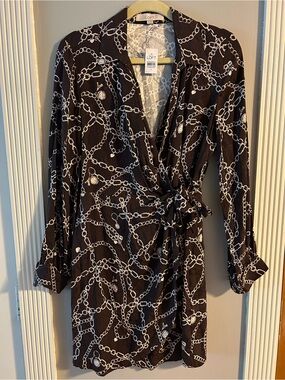 NWT LOFT Deep Brown and White Chain-Print Wrap Dress